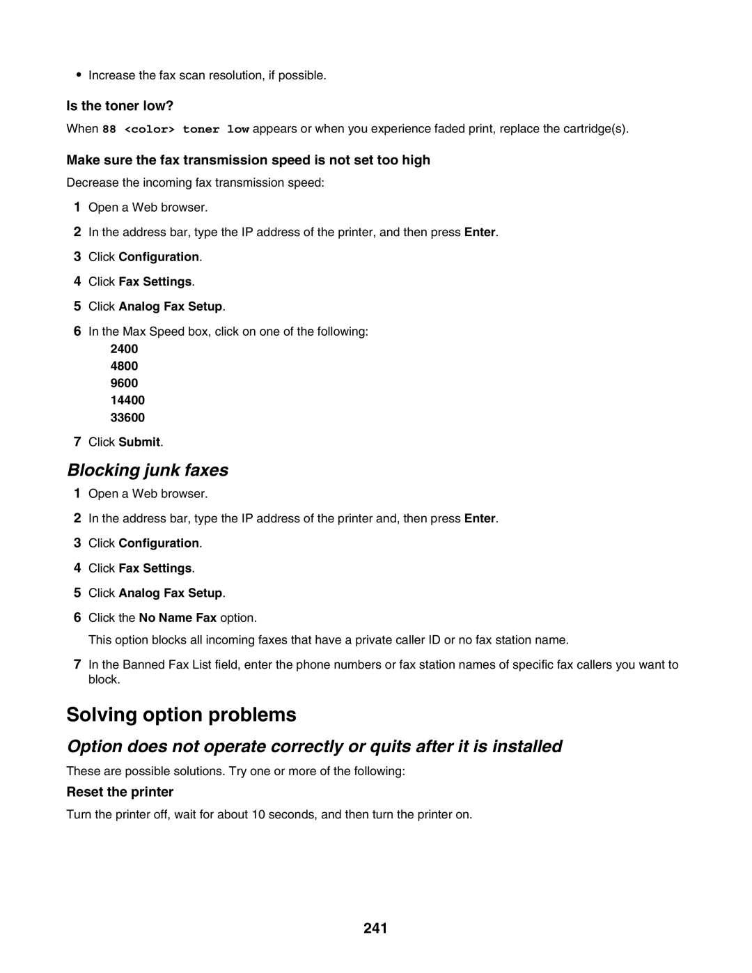 Lexmark X940E Solving option problems, Blocking junk faxes, 241, Make sure the fax transmission speed is not set too high 