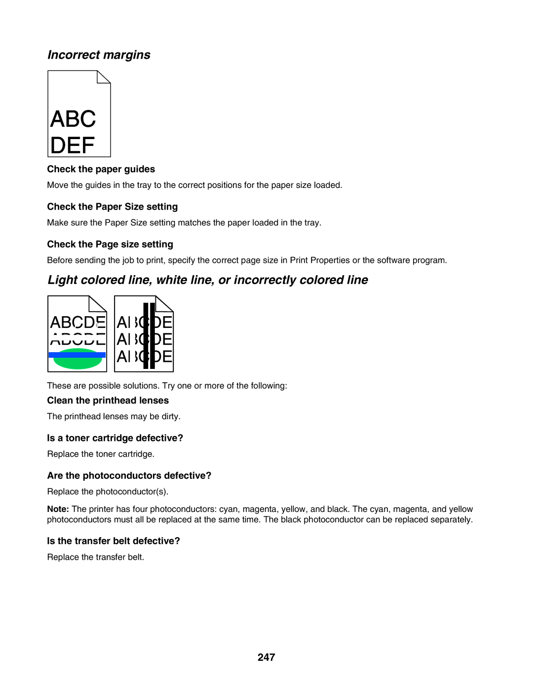 Lexmark X940E, X945E manual Incorrect margins, Light colored line, white line, or incorrectly colored line, 247 