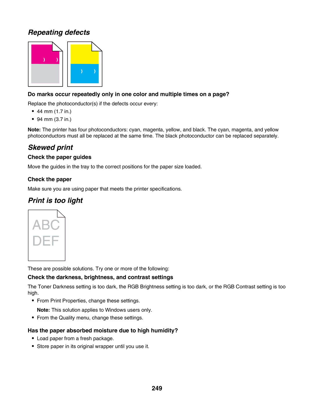 Lexmark X940E, X945E manual Repeating defects, Skewed print, Print is too light, 249 