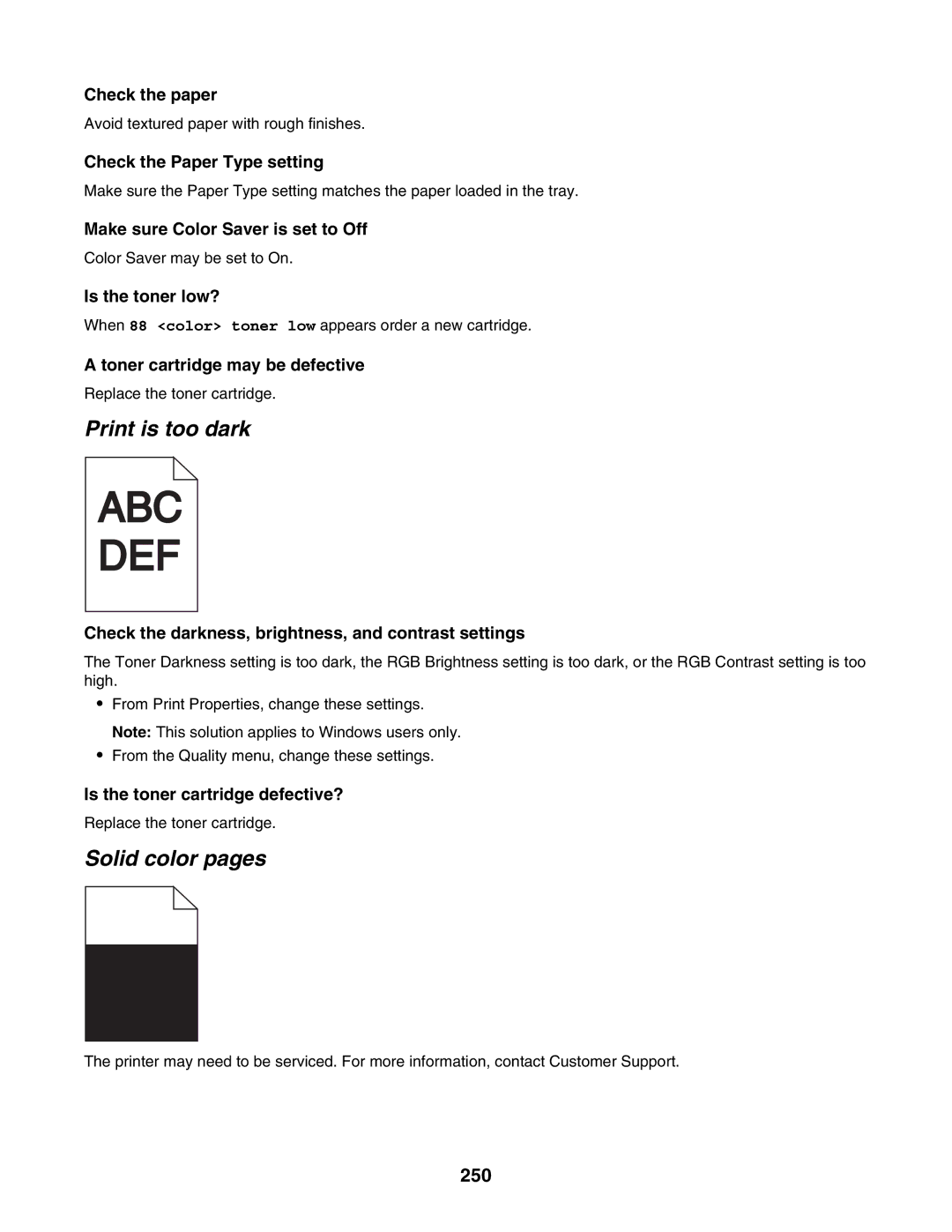 Lexmark X945E, X940E manual Print is too dark, Solid color pages, 250 