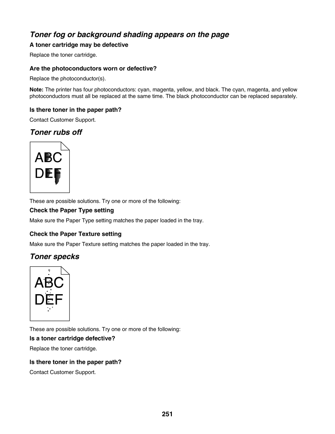 Lexmark X940E, X945E manual Toner fog or background shading appears on, Toner rubs off, Toner specks, 251 