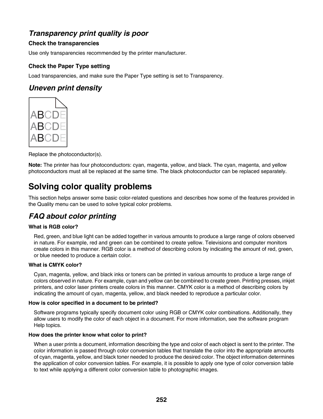 Lexmark X945E, X940E manual Solving color quality problems, Transparency print quality is poor, Uneven print density, 252 