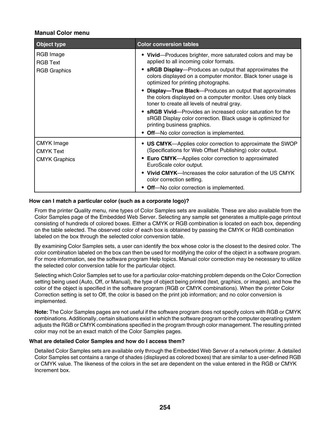 Lexmark X945E, X940E manual 254, Manual Color menu, Object type Color conversion tables 