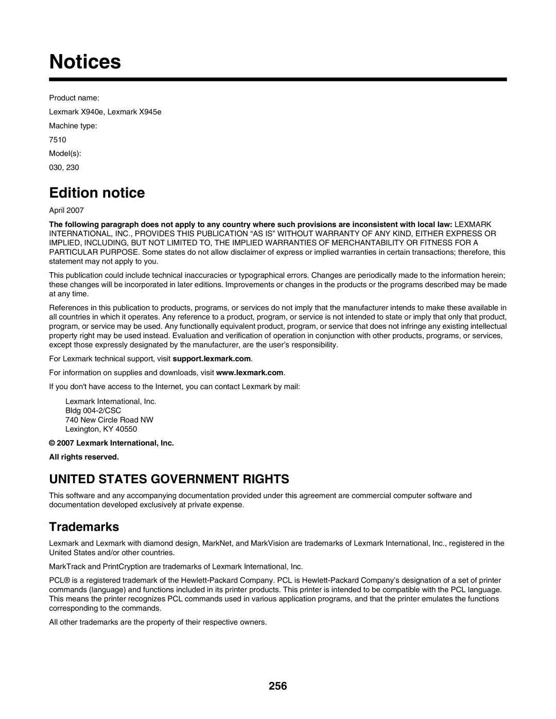 Lexmark X945E, X940E manual Edition notice, 256 