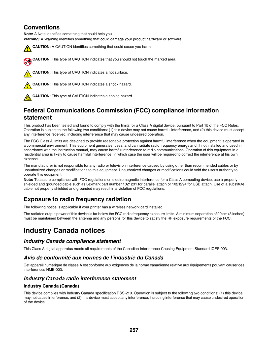 Lexmark X940E, X945E manual Industry Canada notices, 257 