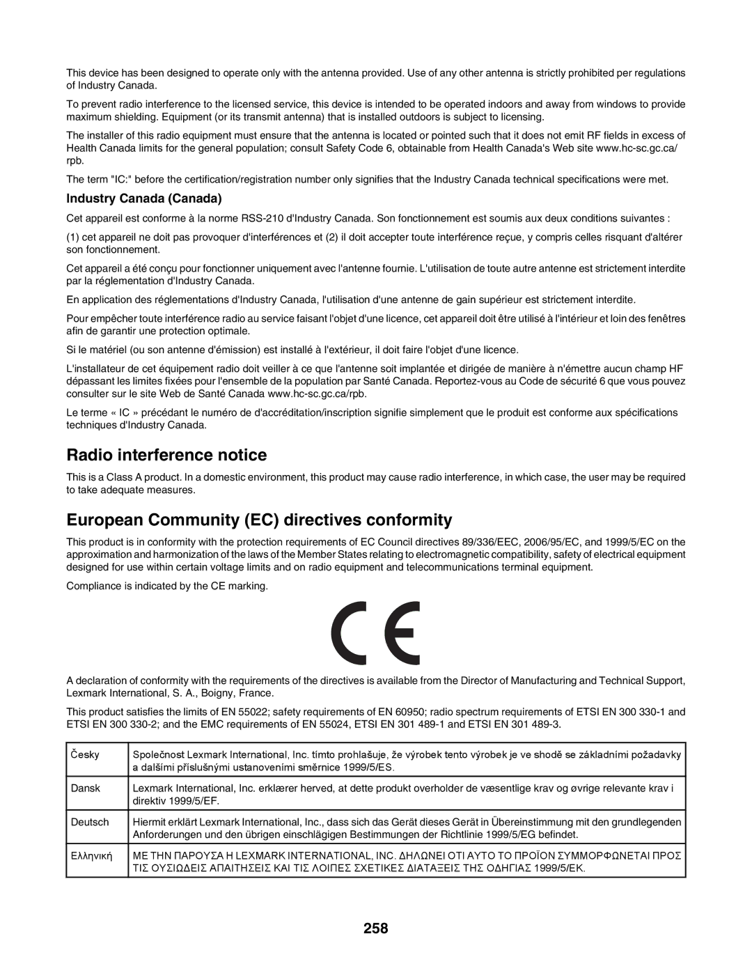 Lexmark X945E, X940E manual Radio interference notice, 258 