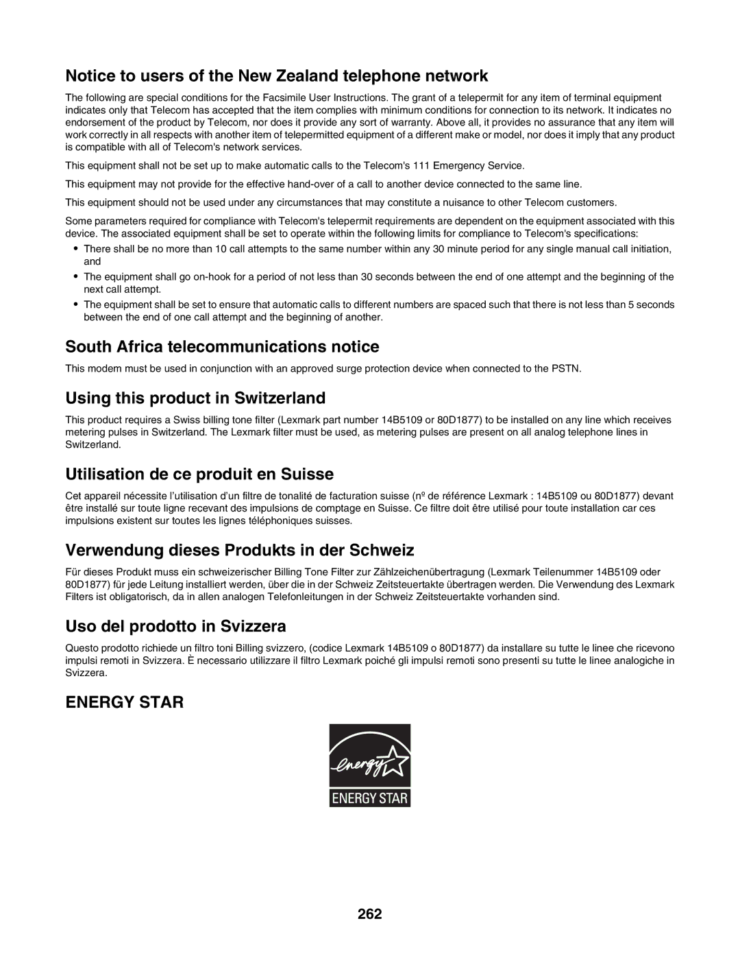 Lexmark X945E, X940E manual South Africa telecommunications notice, 262 