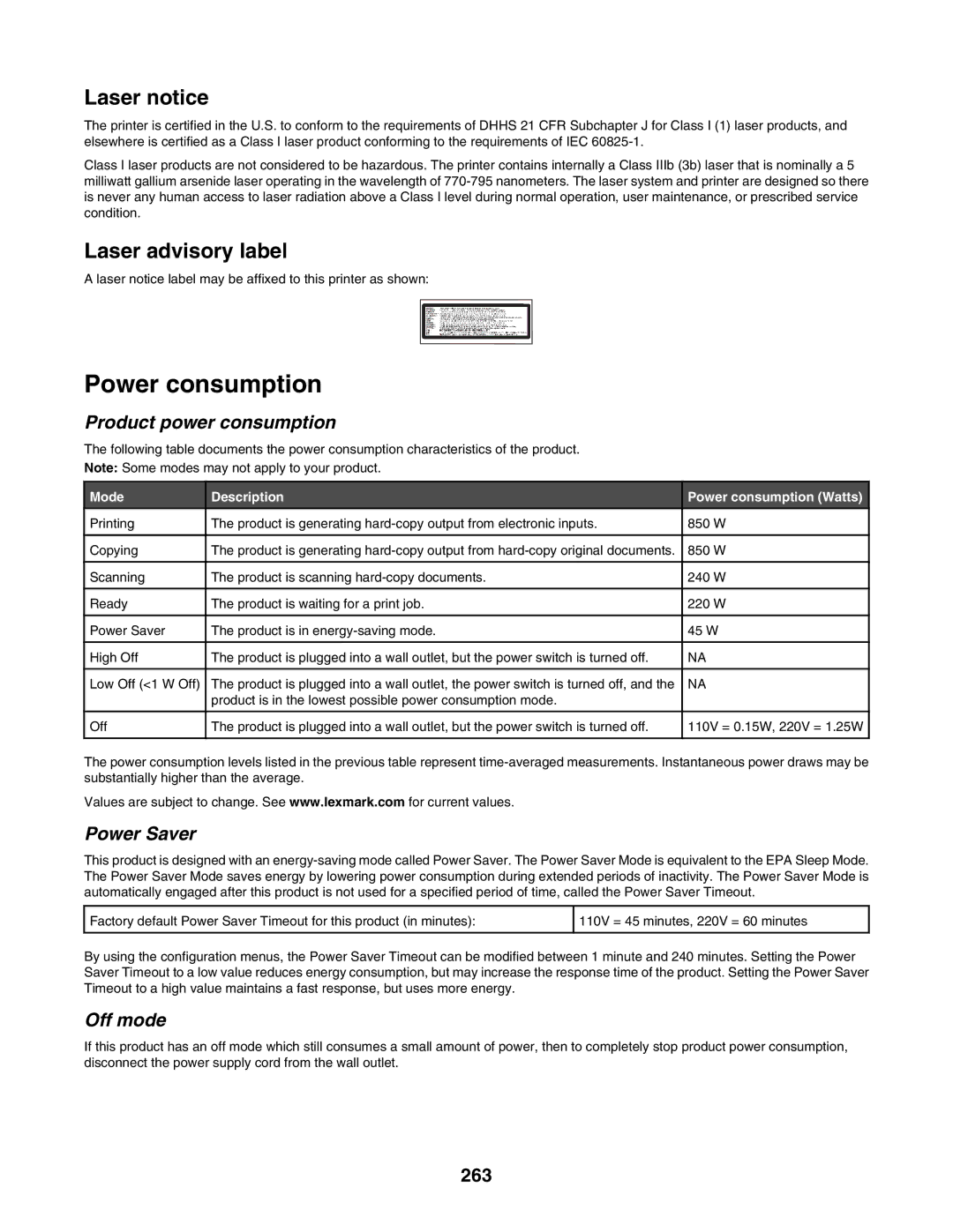 Lexmark X940E, X945E manual Power consumption, 263 