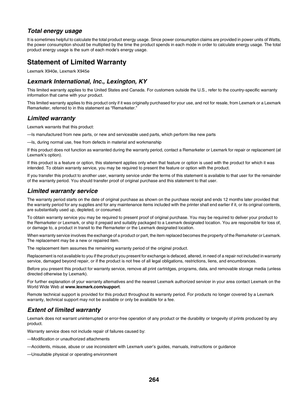 Lexmark X945E, X940E manual Total energy usage, 264 