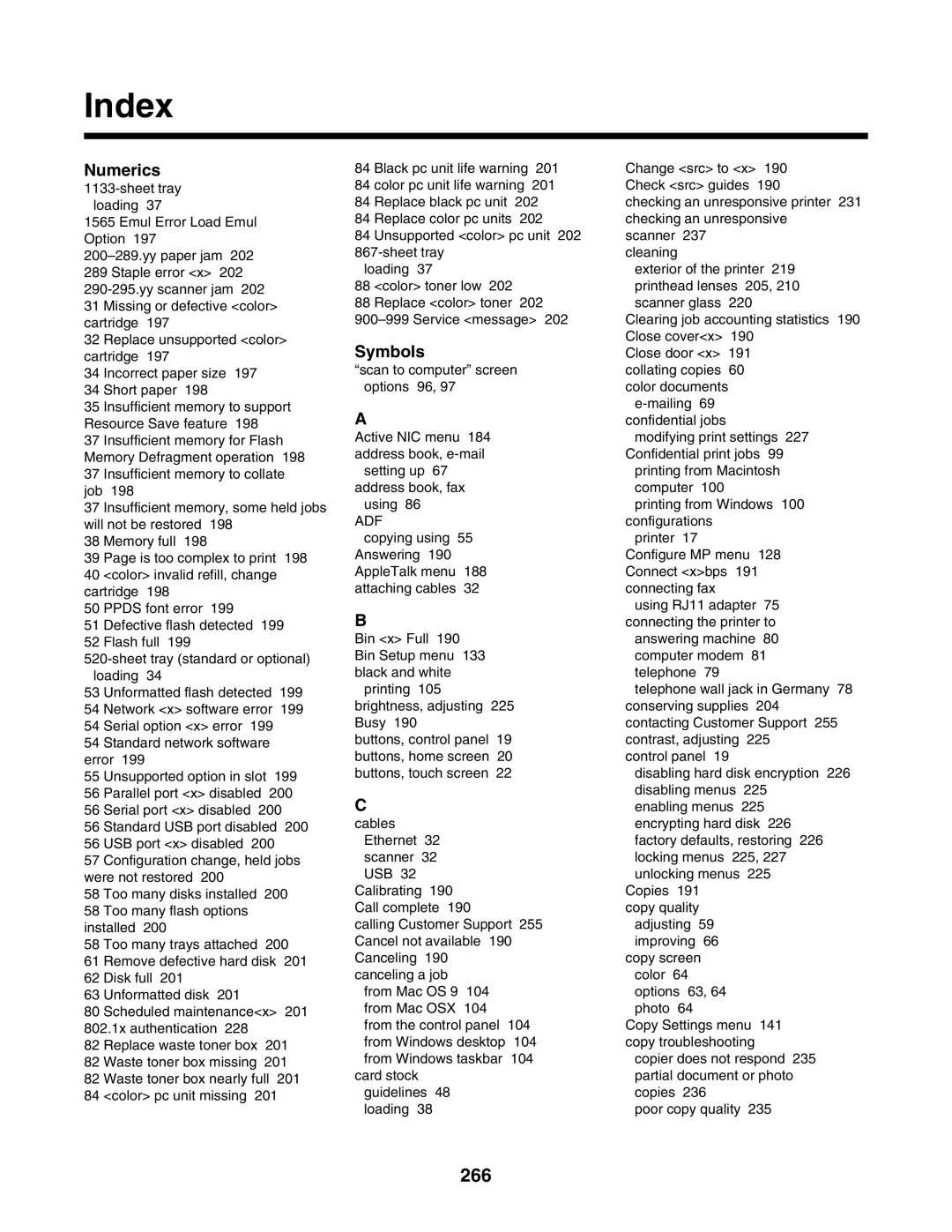 Lexmark X945E, X940E manual Index, 266 