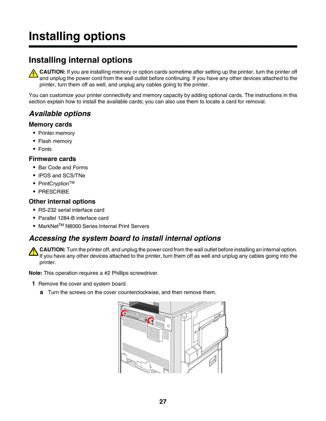 Lexmark X940E, X945E manual Installing options, Installing internal options, Available options 