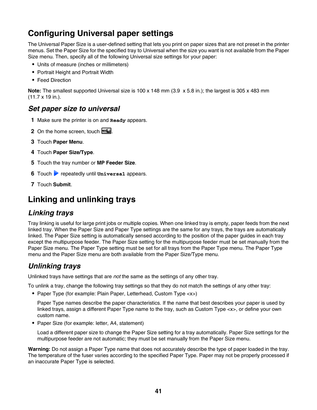 Lexmark X940E, X945E manual Configuring Universal paper settings, Linking and unlinking trays, Set paper size to universal 