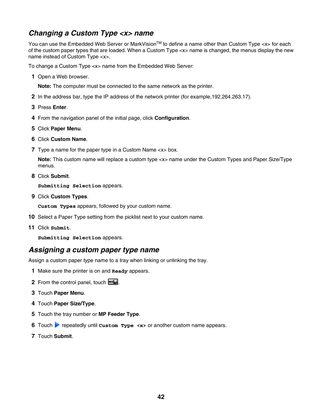 Lexmark X945E, X940E Changing a Custom Type x name, Assigning a custom paper type name, Click Paper Menu Click Custom Name 