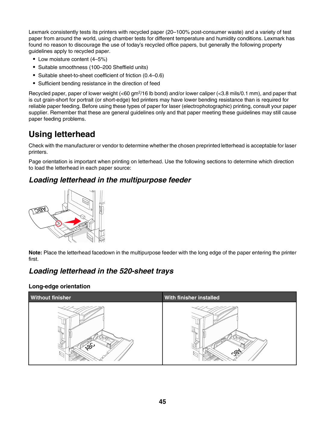 Lexmark X940E, X945E manual Using letterhead, Long-edge orientation, Without finisher With finisher installed 