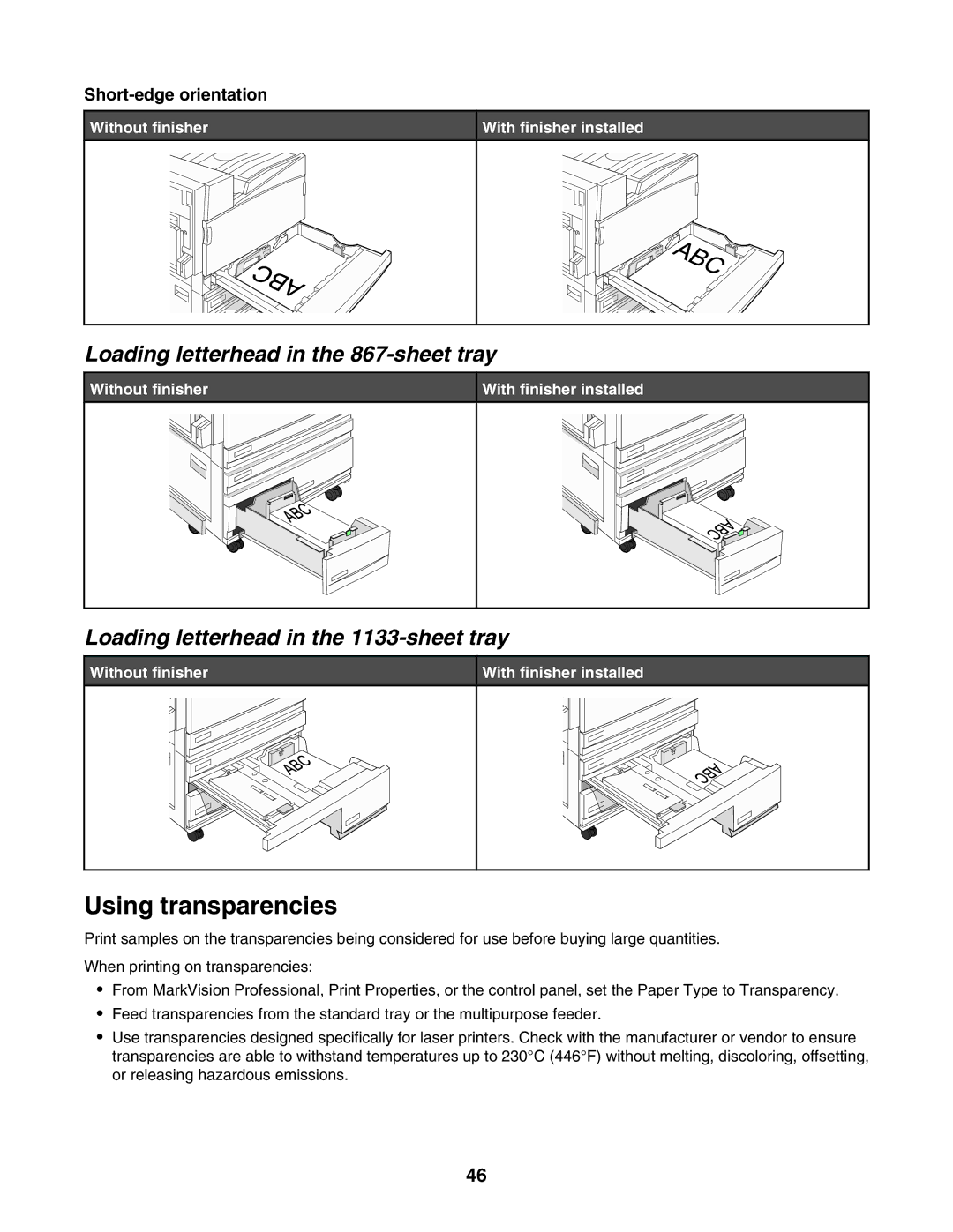 Lexmark X945E Using transparencies, Loading letterhead in the 867-sheet tray, Loading letterhead in the 1133-sheet tray 