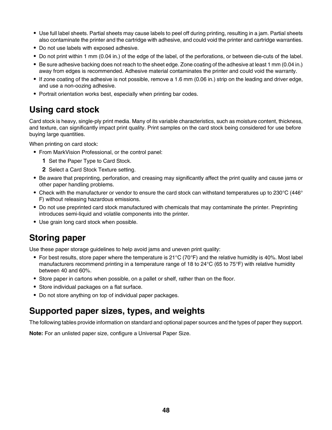 Lexmark X945E, X940E manual Using card stock, Storing paper, Supported paper sizes, types, and weights 