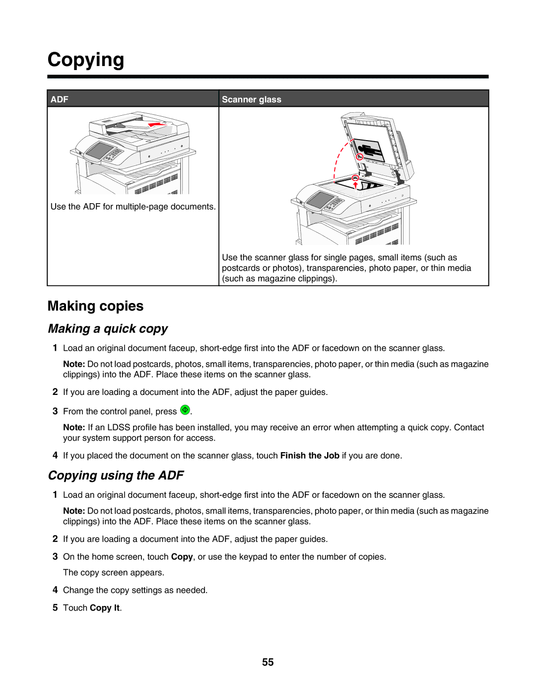 Lexmark X940E, X945E manual Making copies, Making a quick copy, Copying using the ADF 