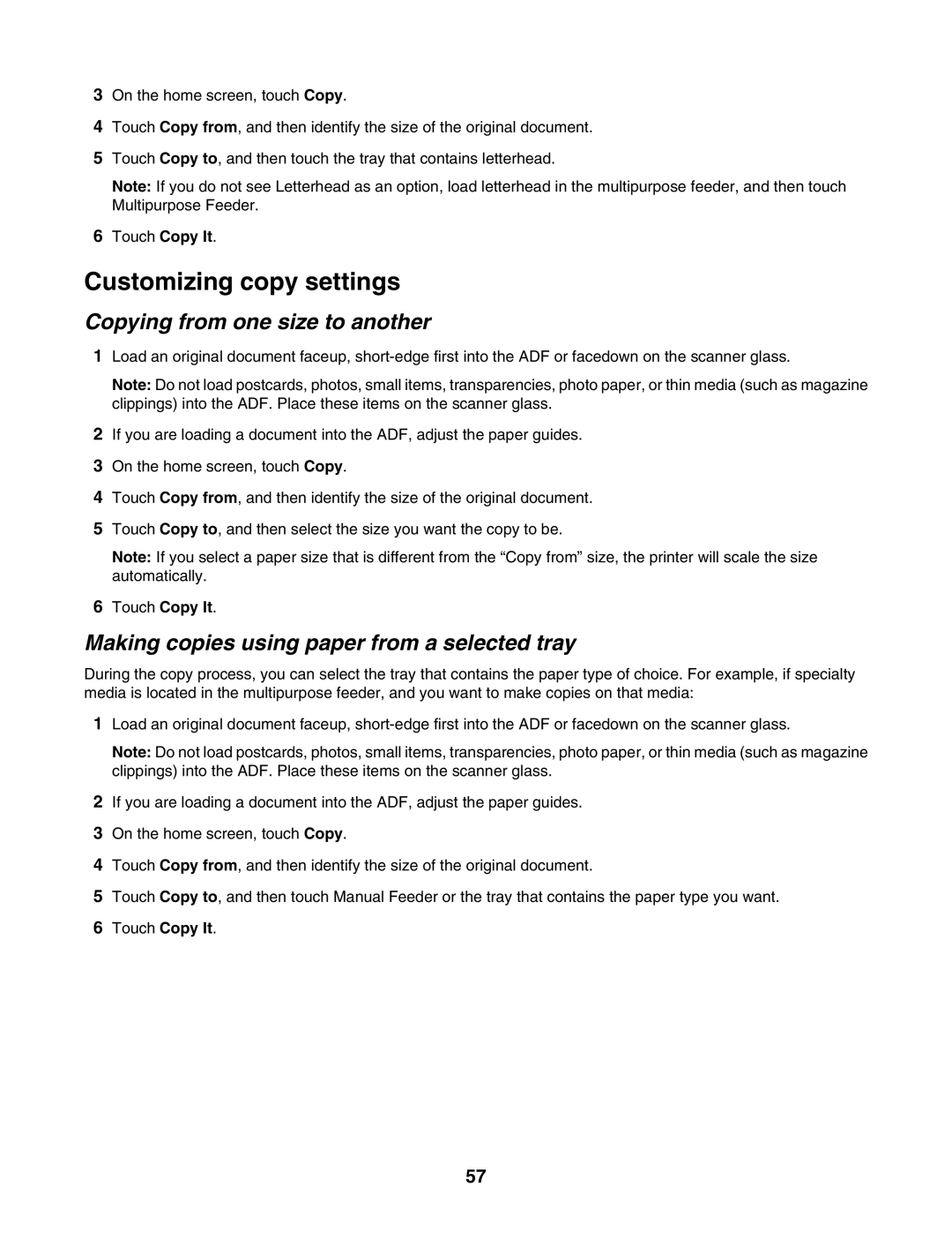 Lexmark X940E Customizing copy settings, Copying from one size to another, Making copies using paper from a selected tray 