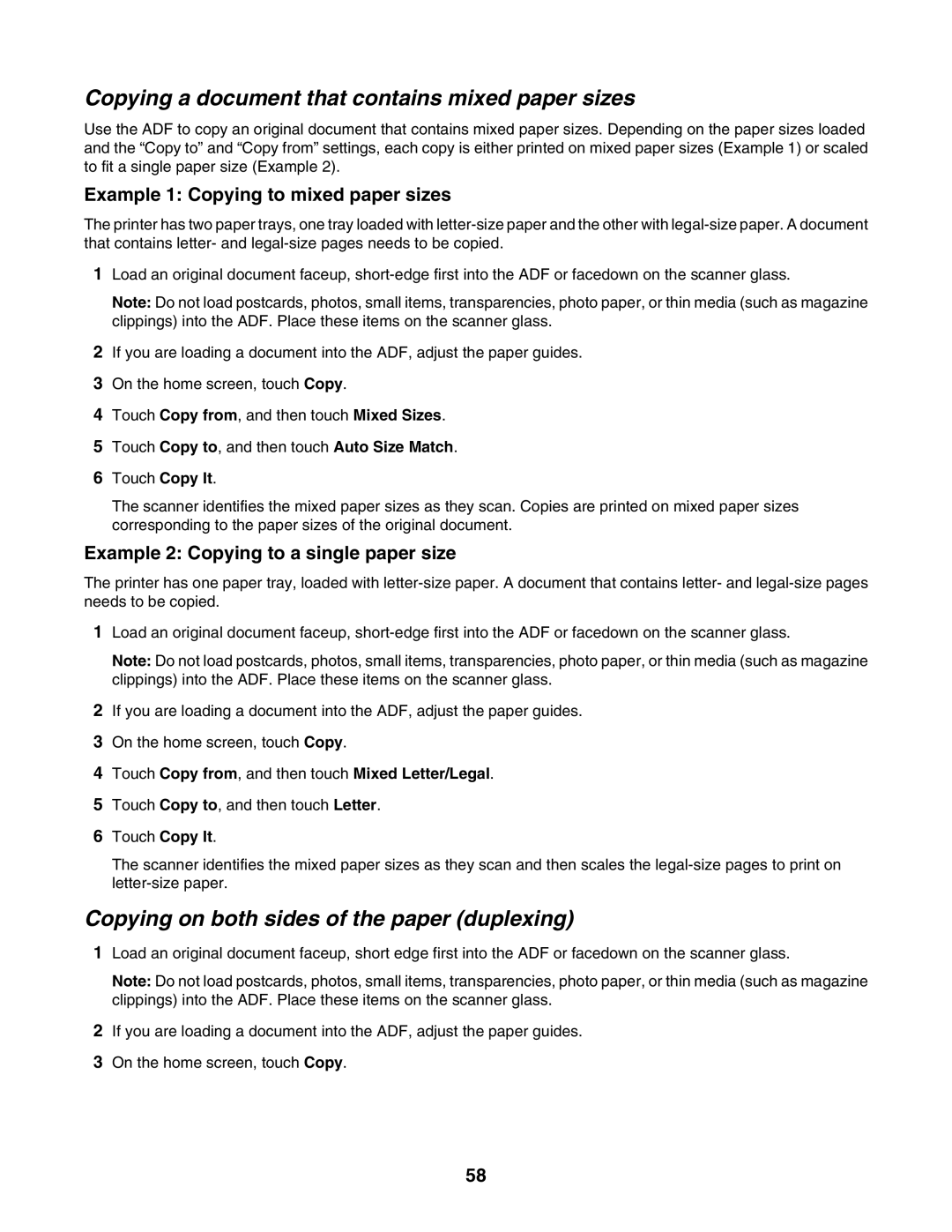 Lexmark X945E, X940E manual Copying a document that contains mixed paper sizes, Copying on both sides of the paper duplexing 