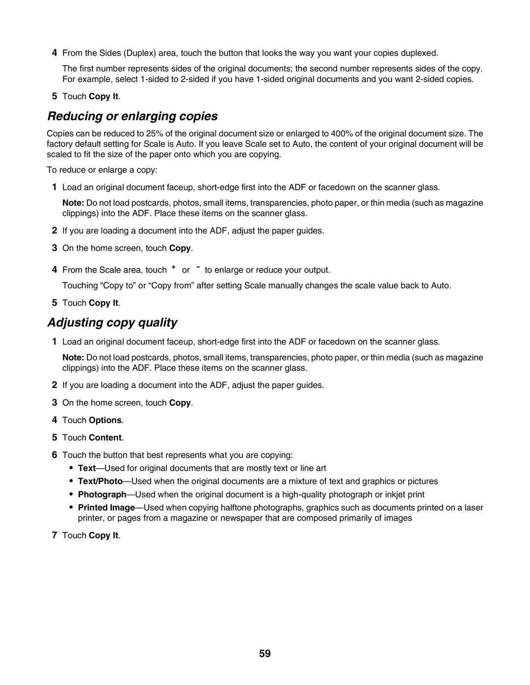 Lexmark X940E, X945E manual Reducing or enlarging copies, Adjusting copy quality 