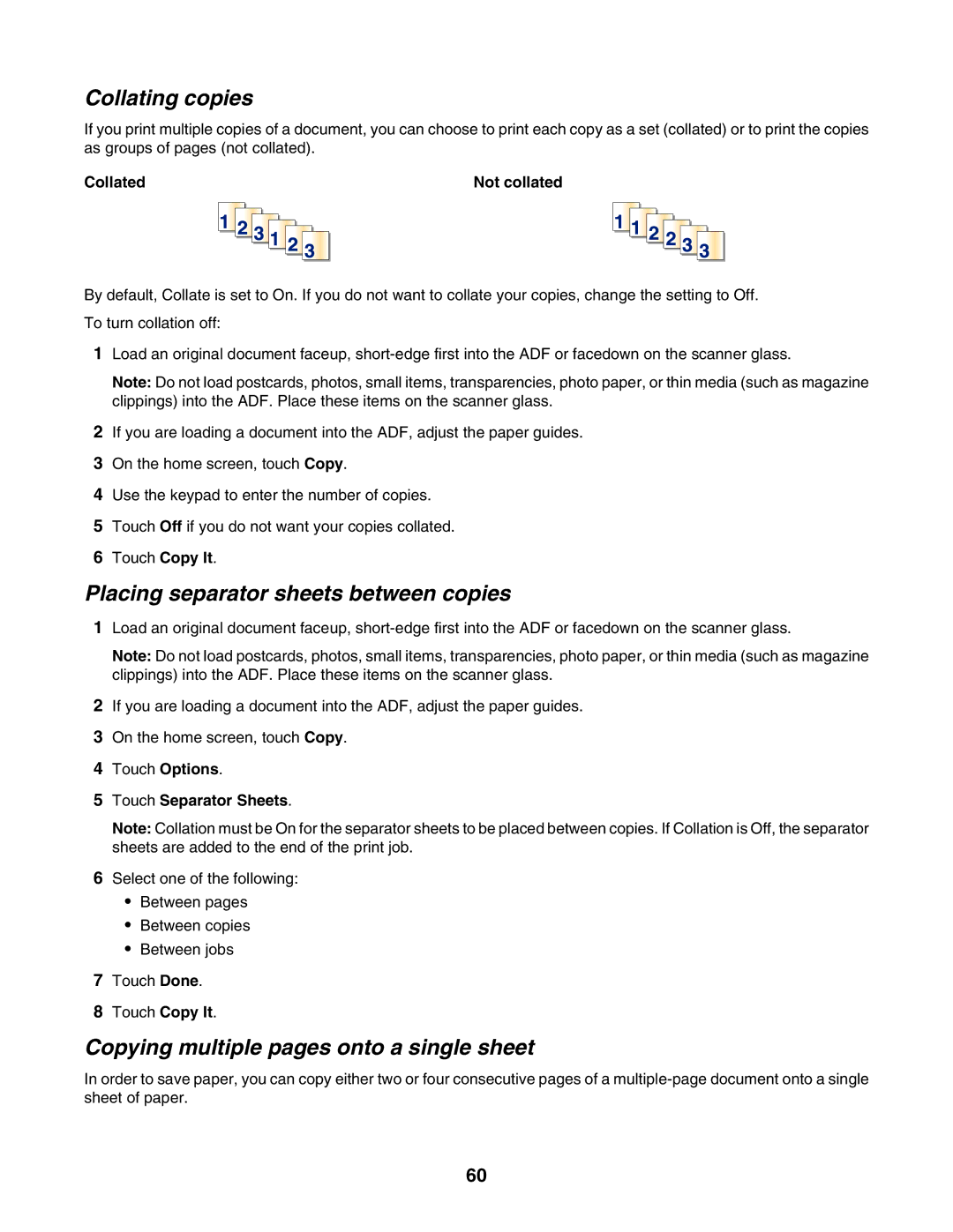 Lexmark X945E, X940E Collating copies, Placing separator sheets between copies, Copying multiple pages onto a single sheet 