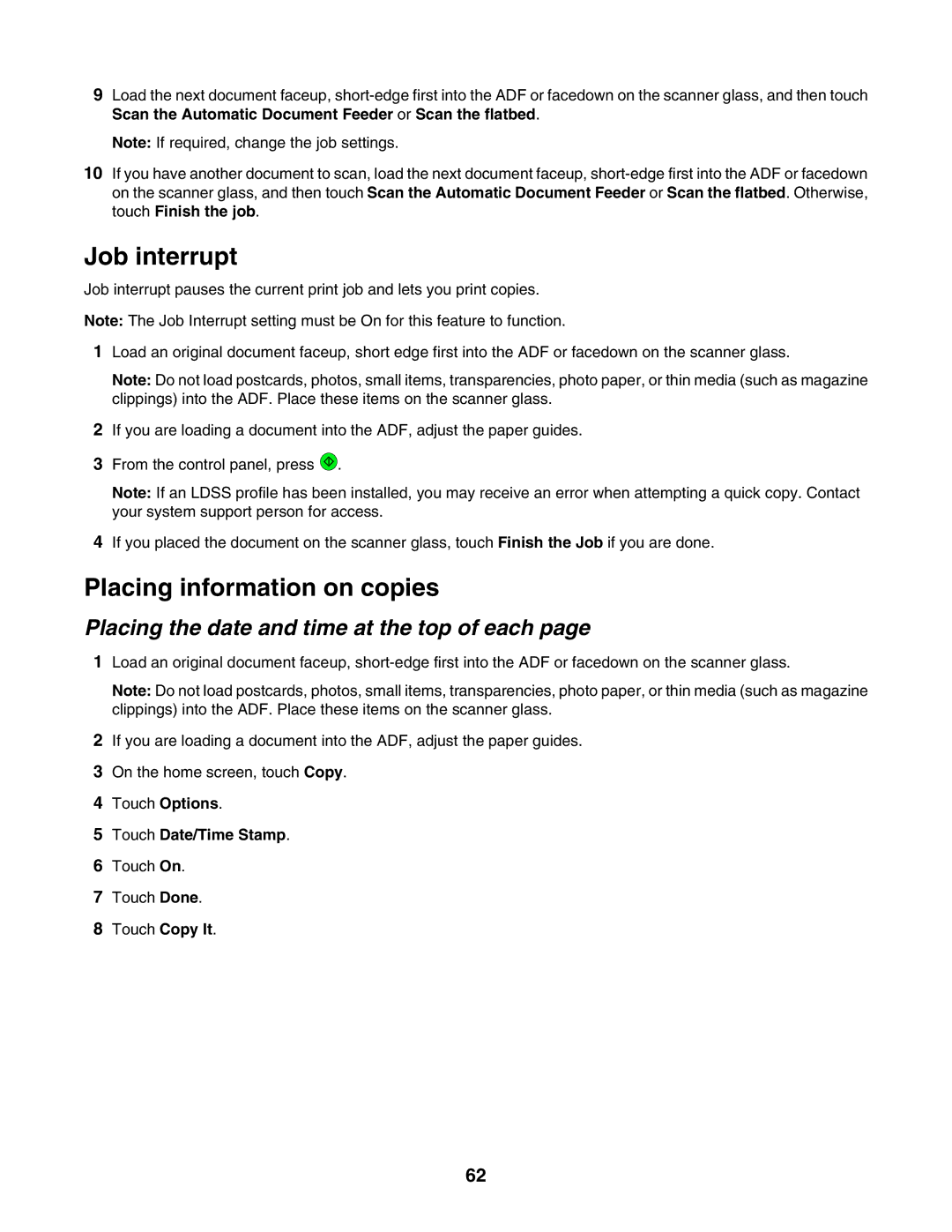 Lexmark X945E, X940E manual Job interrupt, Placing information on copies, Placing the date and time at the top of each 