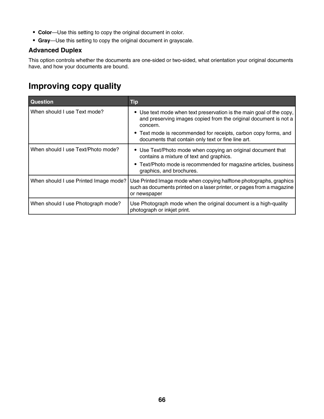 Lexmark X945E, X940E manual Improving copy quality, Advanced Duplex, Question Tip 