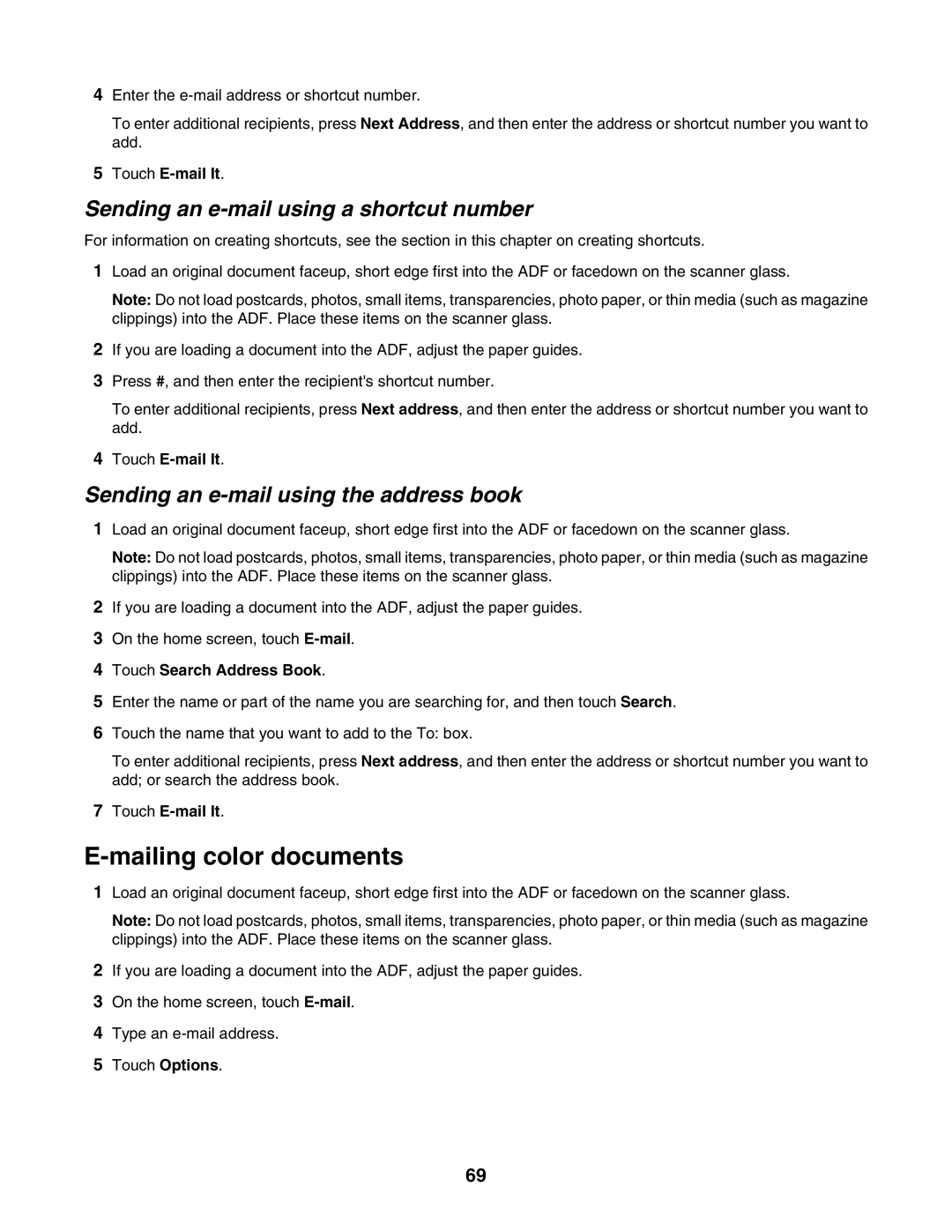 Lexmark X940E Mailing color documents, Sending an e-mail using a shortcut number, Sending an e-mail using the address book 