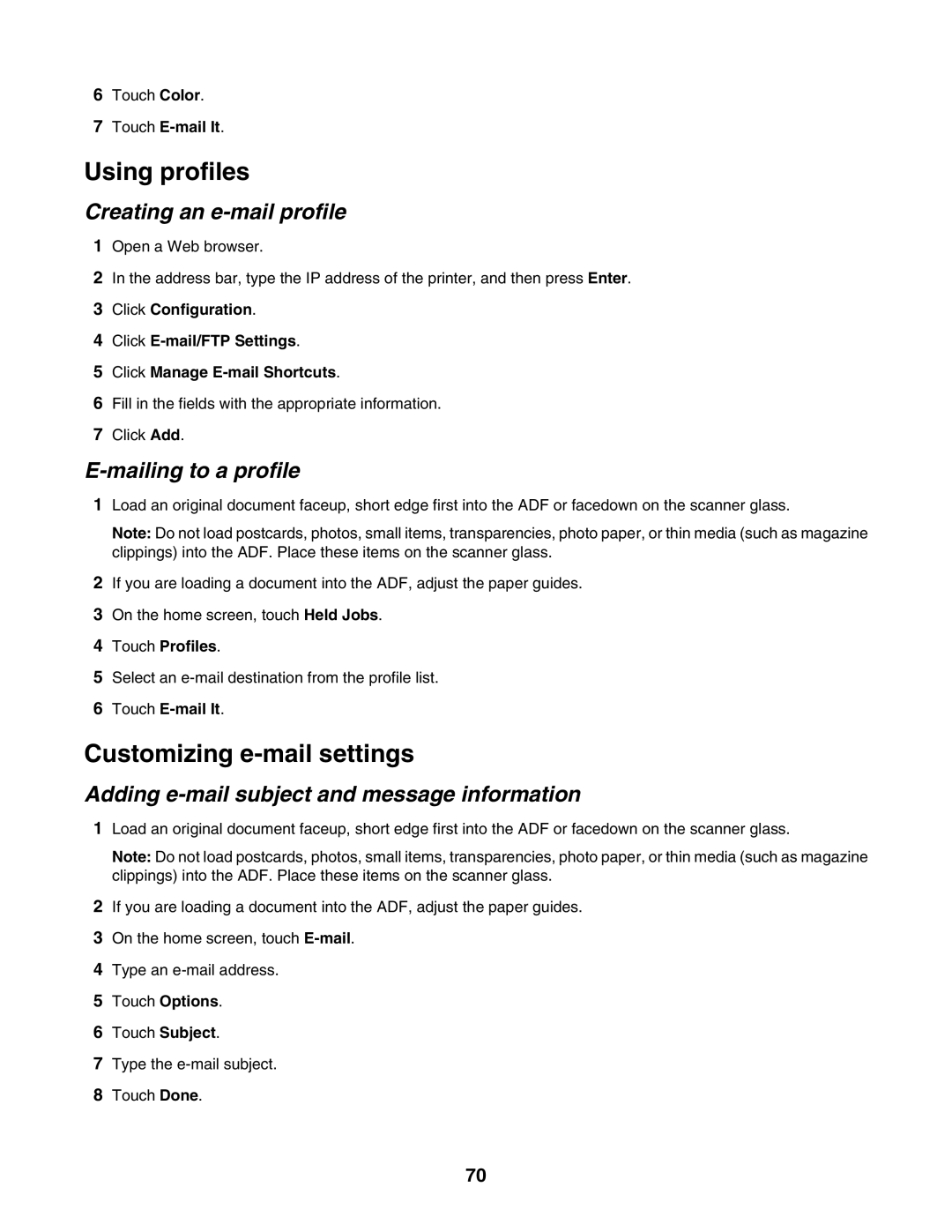 Lexmark X945E, X940E manual Using profiles, Customizing e-mail settings, Creating an e-mail profile, Mailing to a profile 