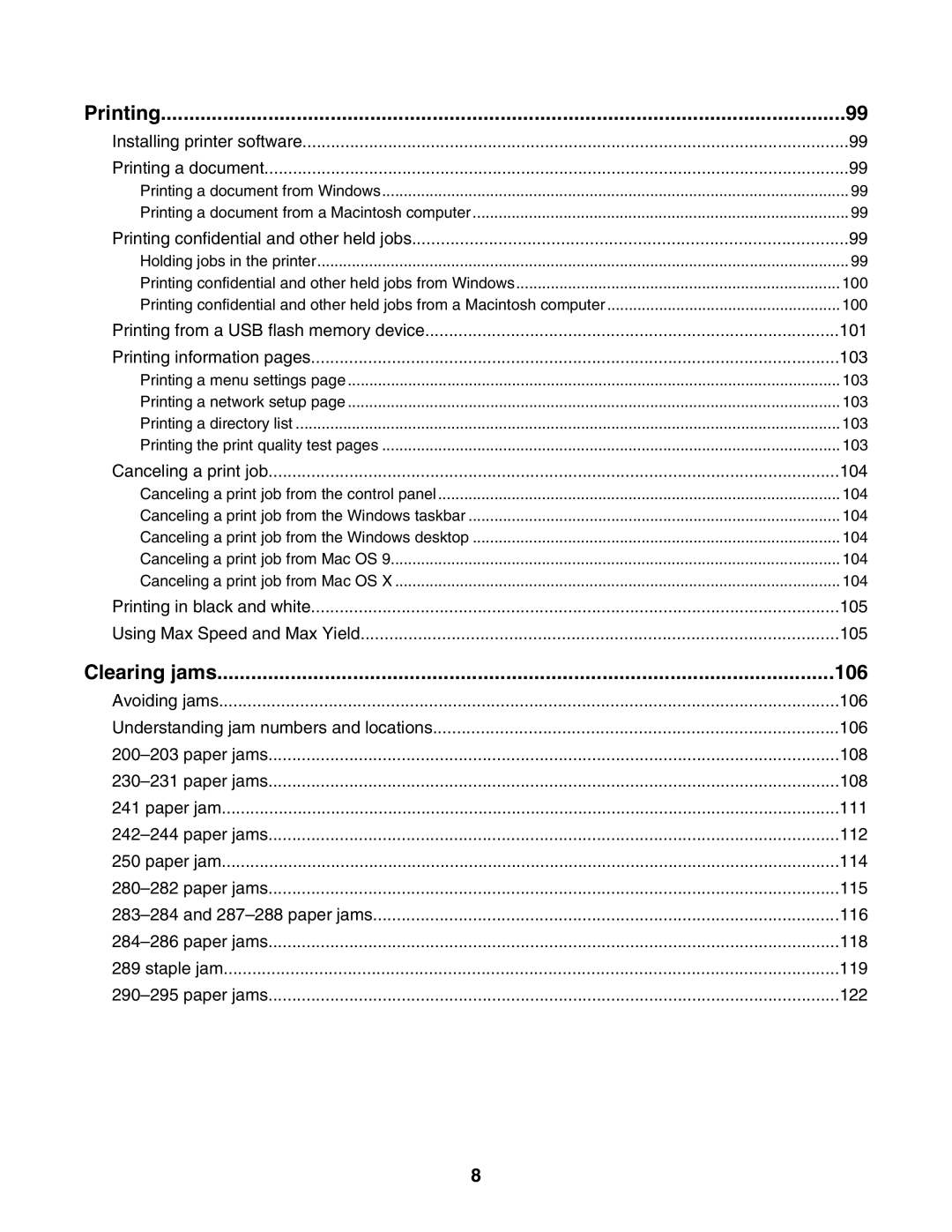 Lexmark X945E, X940E manual Printing, Clearing jams 