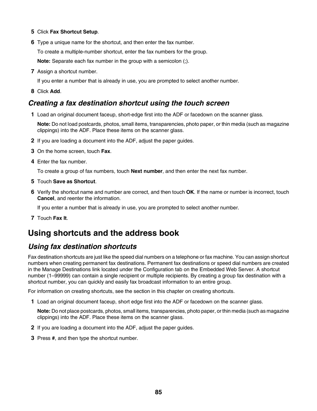 Lexmark X940E, X945E manual Using shortcuts and the address book, Creating a fax destination shortcut using the touch screen 