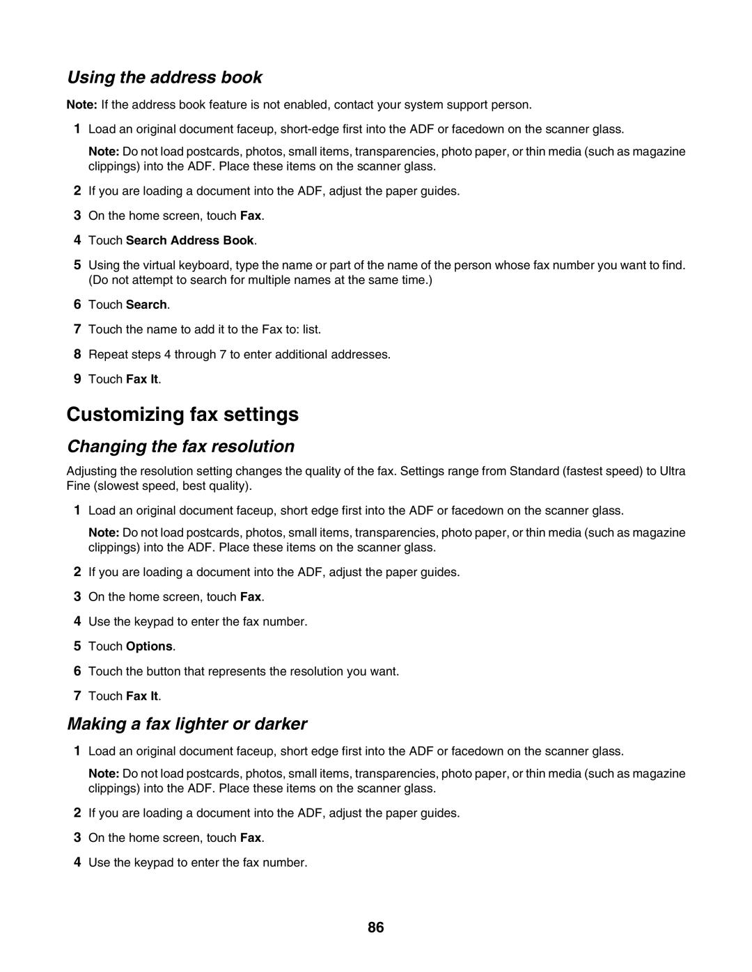 Lexmark X945E, X940E manual Customizing fax settings, Using the address book, Changing the fax resolution 