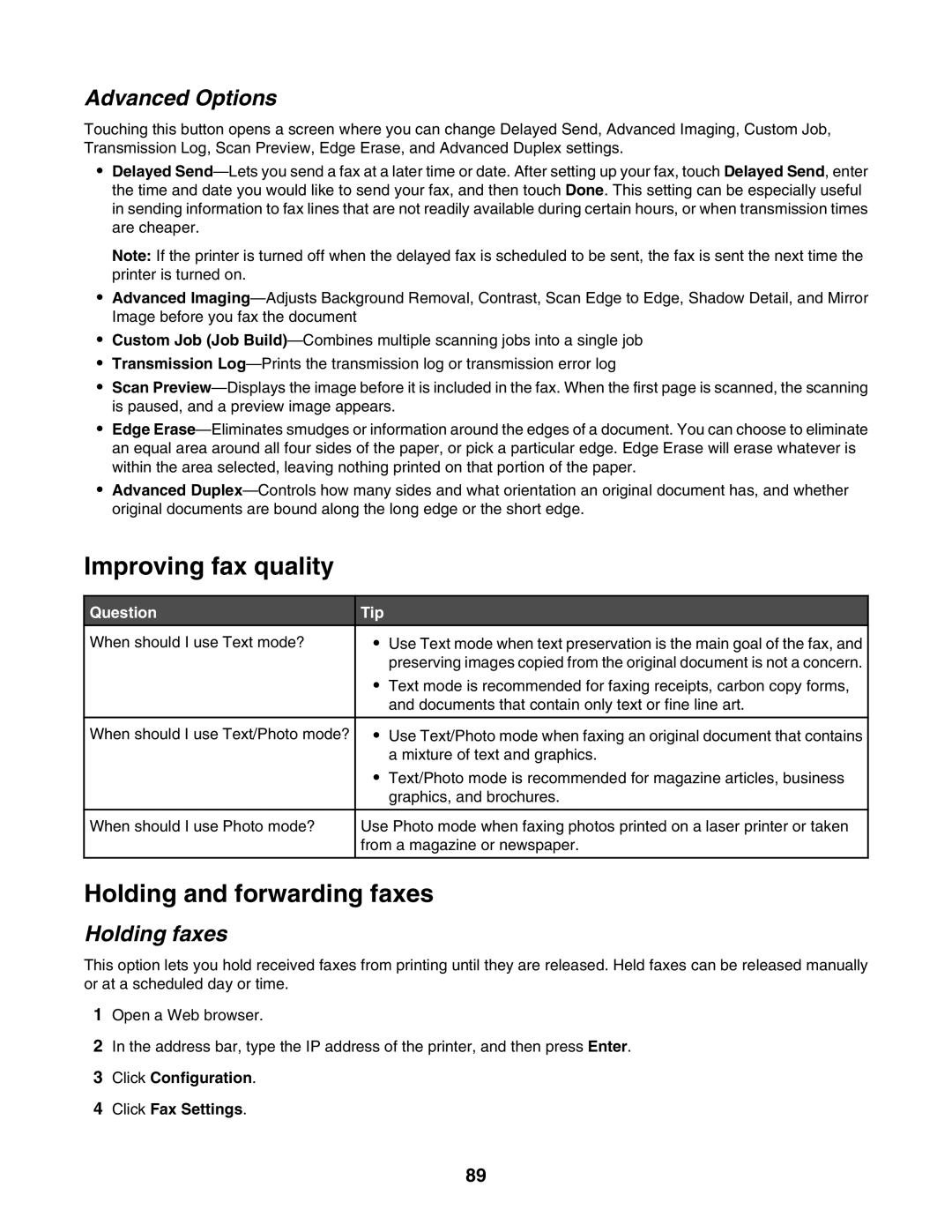 Lexmark X940E Improving fax quality, Holding and forwarding faxes, Holding faxes, Click Configuration Click Fax Settings 