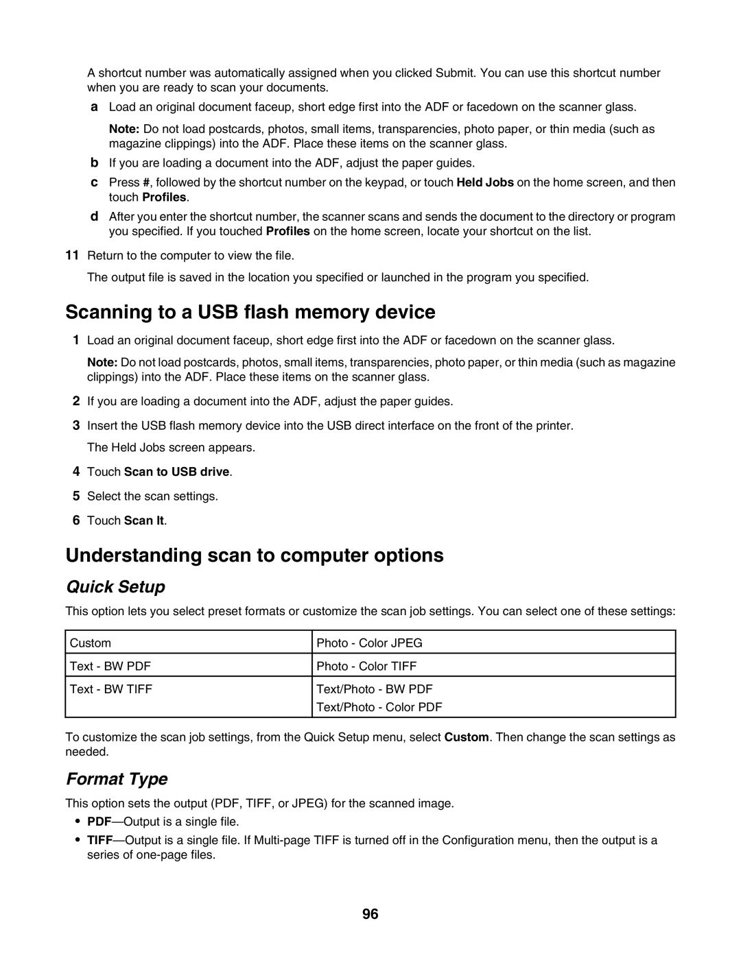 Lexmark X945E Scanning to a USB flash memory device, Understanding scan to computer options, Quick Setup, Format Type 