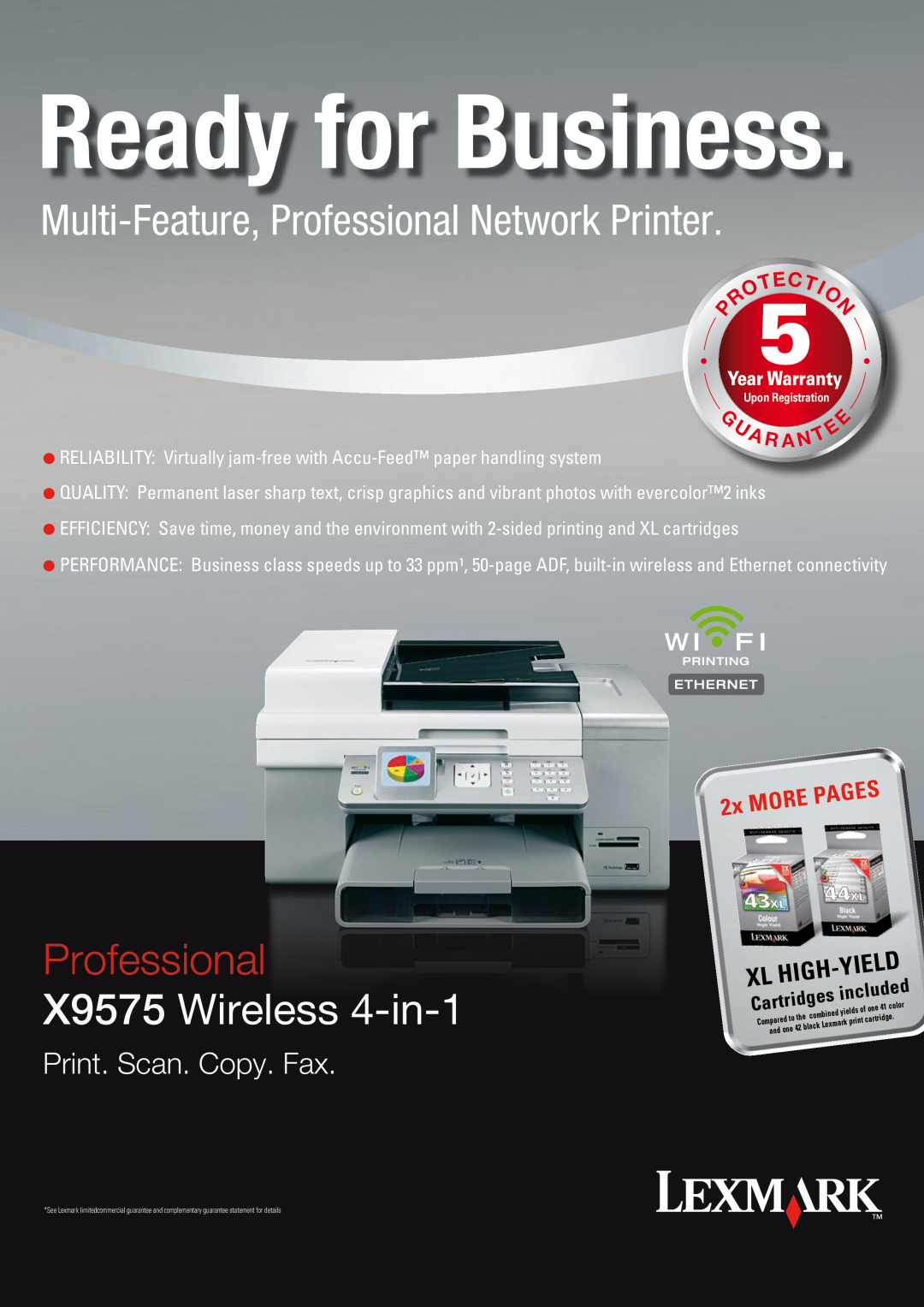 Lexmark warranty Ready for Business, X9575 Wireless 4-in-1, Multi-Feature,Professional Network Printer, Yield 