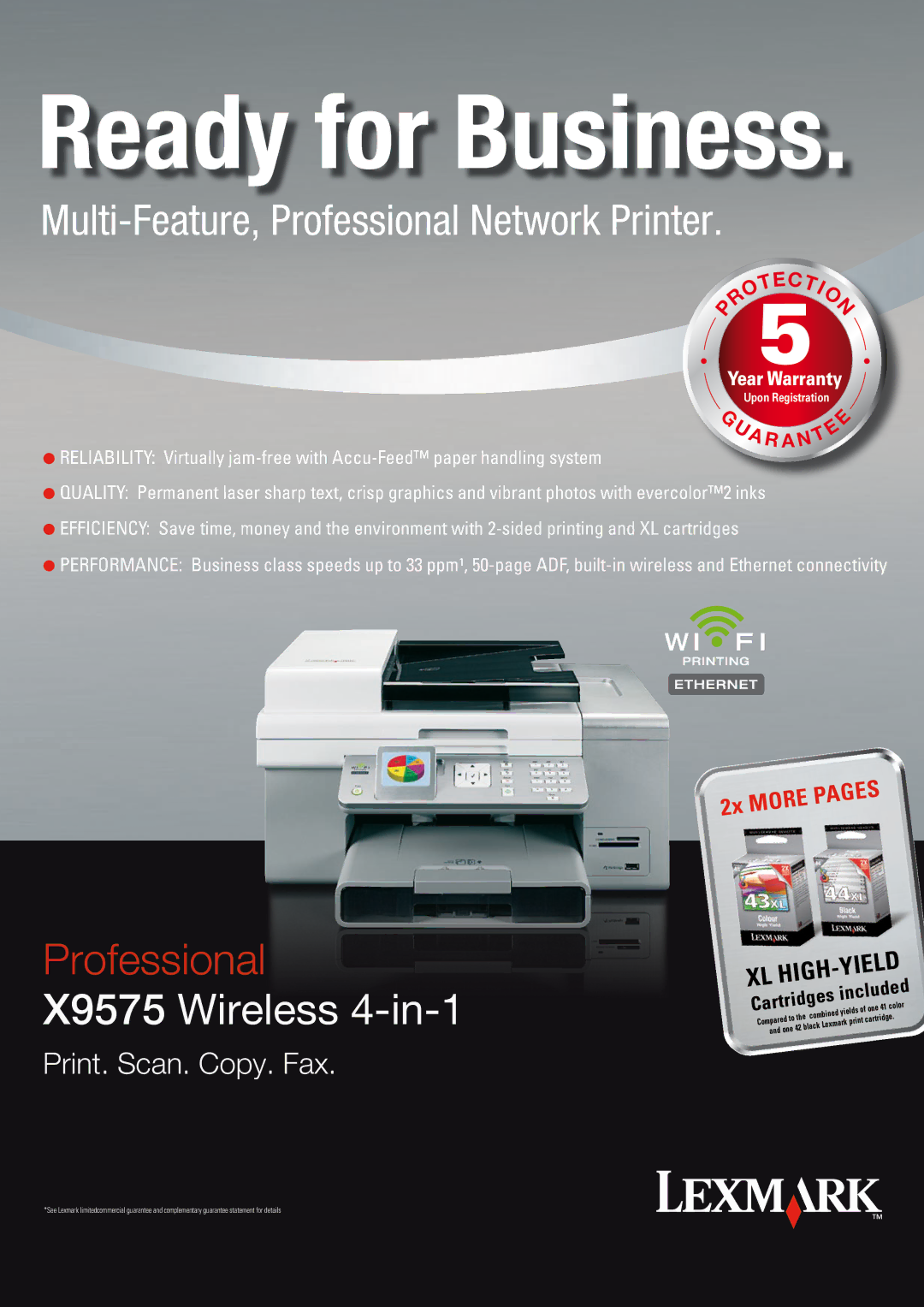 Lexmark X9575 warranty Ready for Business 