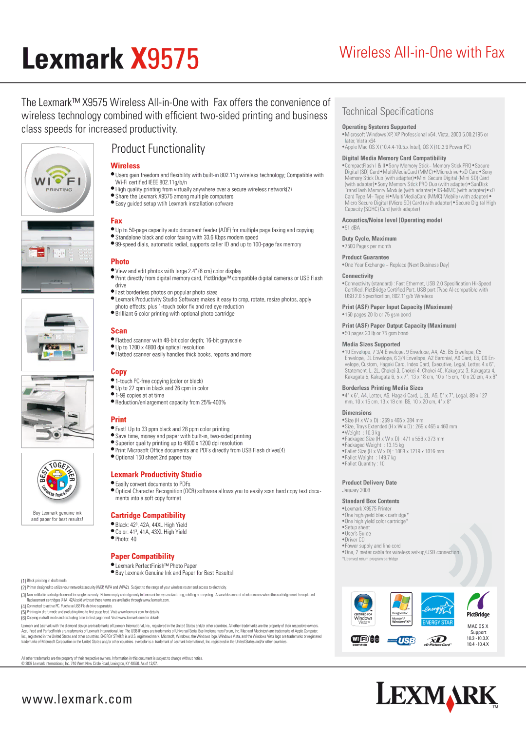 Lexmark X9575 warranty Wireless, Fax, Photo, Scan, Copy, Print, Lexmark Productivity Studio, Cartridge Compatibility 