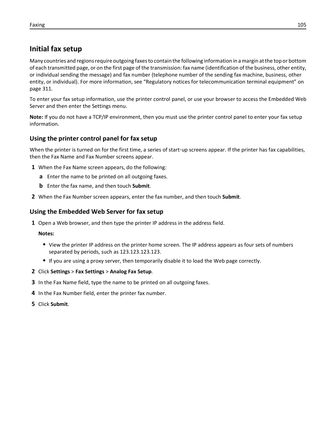 Lexmark XM1100 Series manual Initial fax setup, Using the printer control panel for fax setup, Faxing 105 