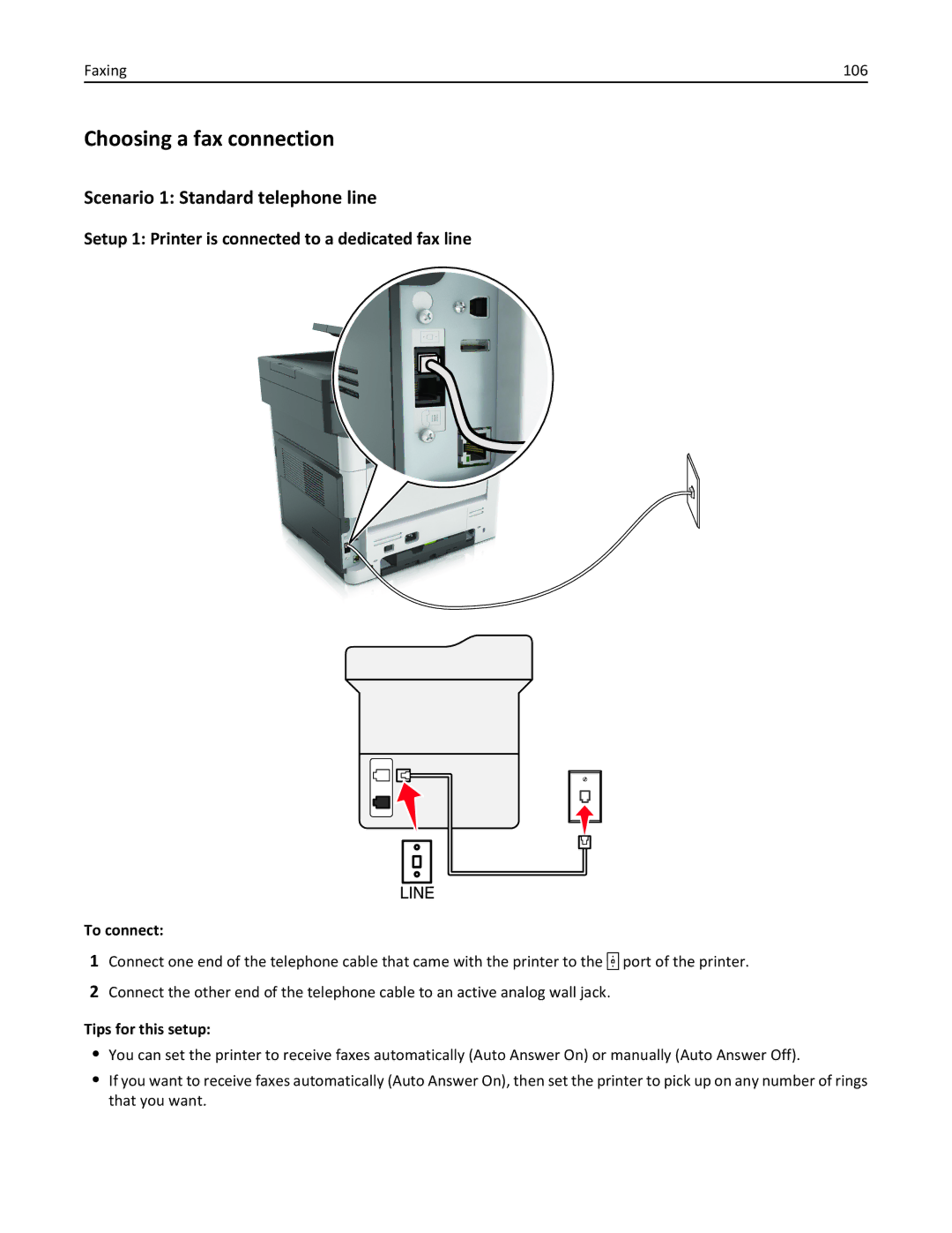 Lexmark XM1100 Series manual Choosing a fax connection, Scenario 1 Standard telephone line, To connect, Tips for this setup 