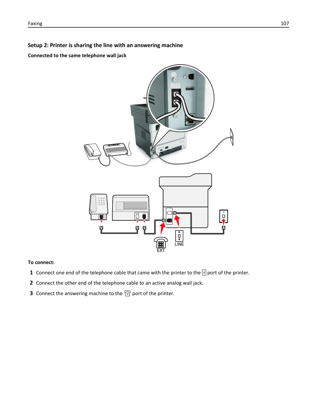 Lexmark XM1100 Series manual Faxing 107, Connected to the same telephone wall jack 