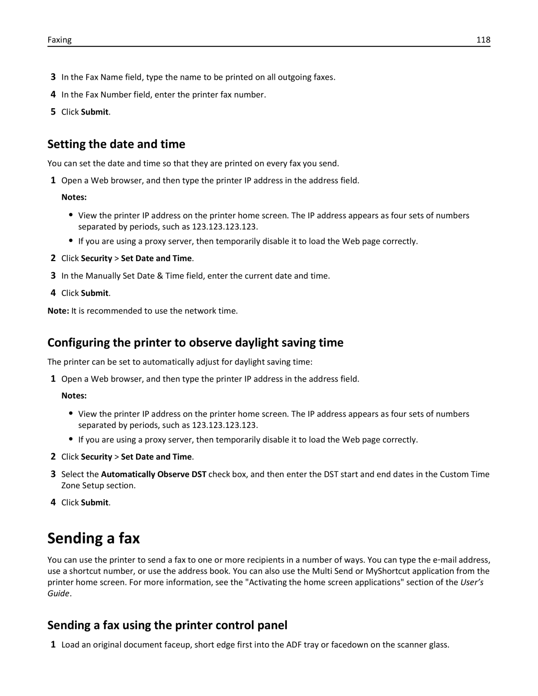 Lexmark XM1100 Series Sending a fax, Setting the date and time, Configuring the printer to observe daylight saving time 