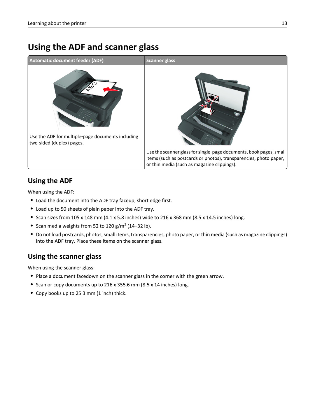 Lexmark XM1100 Series manual Using the ADF and scanner glass, Using the scanner glass 