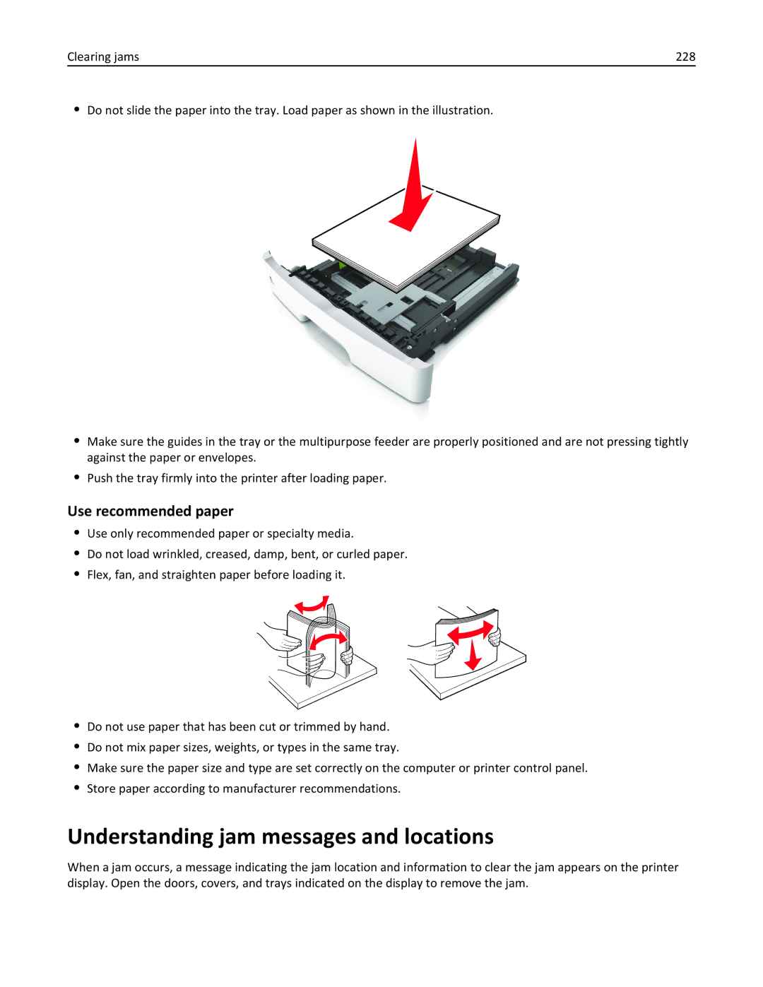 Lexmark XM1100 Series manual Understanding jam messages and locations, Use recommended paper 