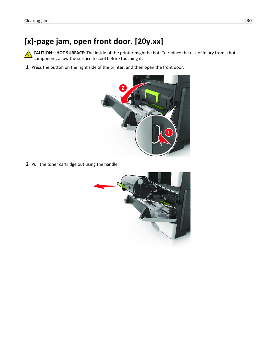 Lexmark XM1100 Series manual ‑page jam, open front door y.xx, Clearing jams 230 