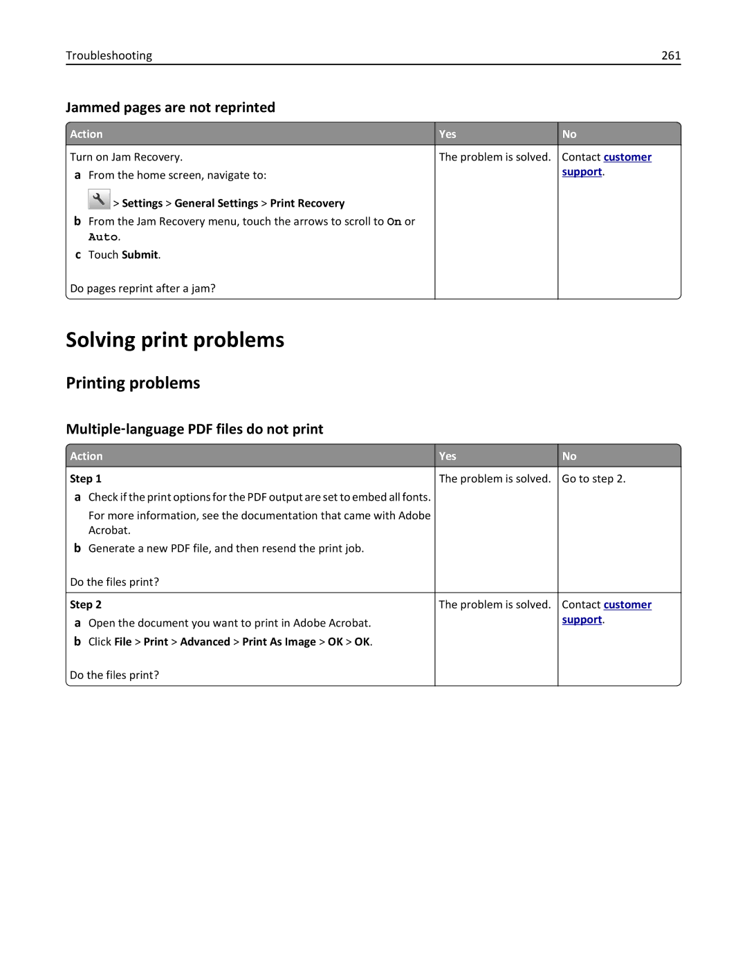 Lexmark XM1100 Series manual Solving print problems, Printing problems, Jammed pages are not reprinted, Troubleshooting 261 