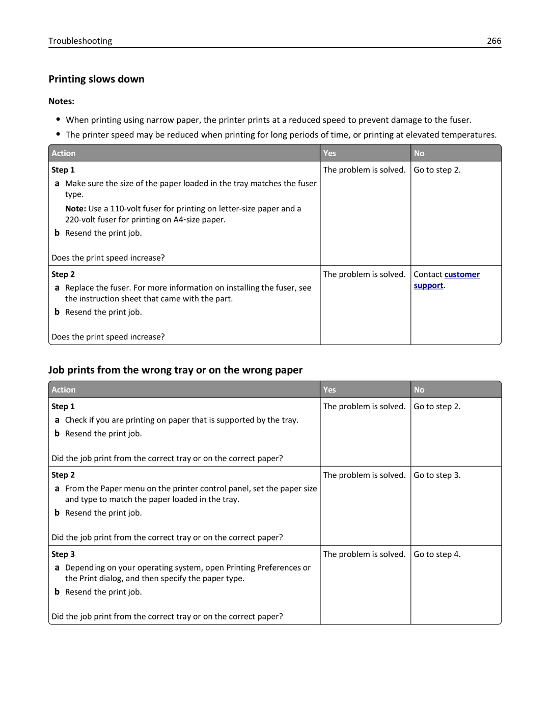 Lexmark XM1100 Series manual Printing slows down, Job prints from the wrong tray or on the wrong paper, Troubleshooting 266 