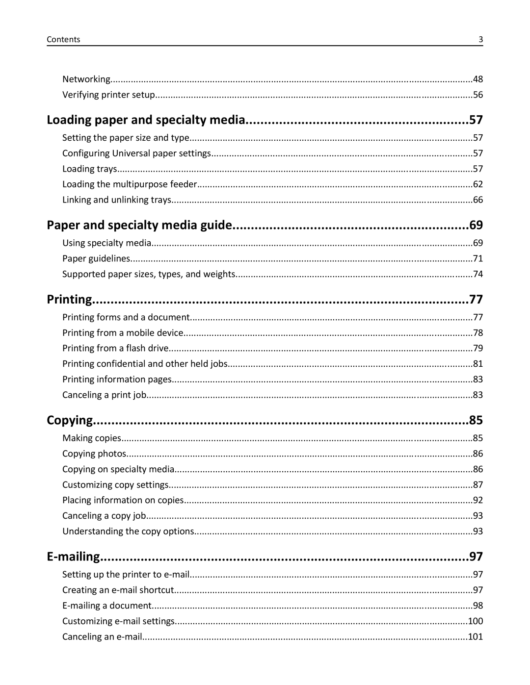 Lexmark XM1100 Series manual Loading paper and specialty media, Paper and specialty media guide, Printing, Copying, Mailing 