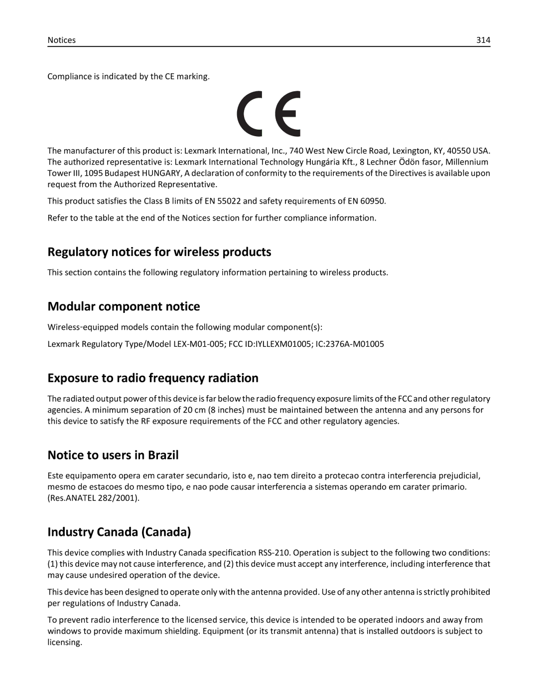 Lexmark XM1100 Series Regulatory notices for wireless products, Modular component notice, Industry Canada Canada, 314 