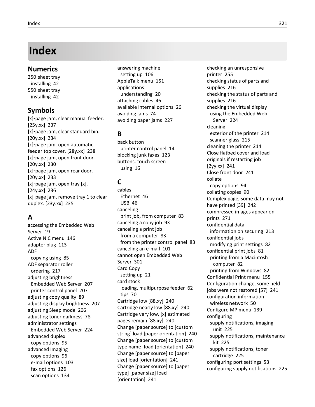 Lexmark XM1100 Series manual Numerics, Symbols, Index 321, 250‑sheet tray installing 42 550‑sheet tray installing 