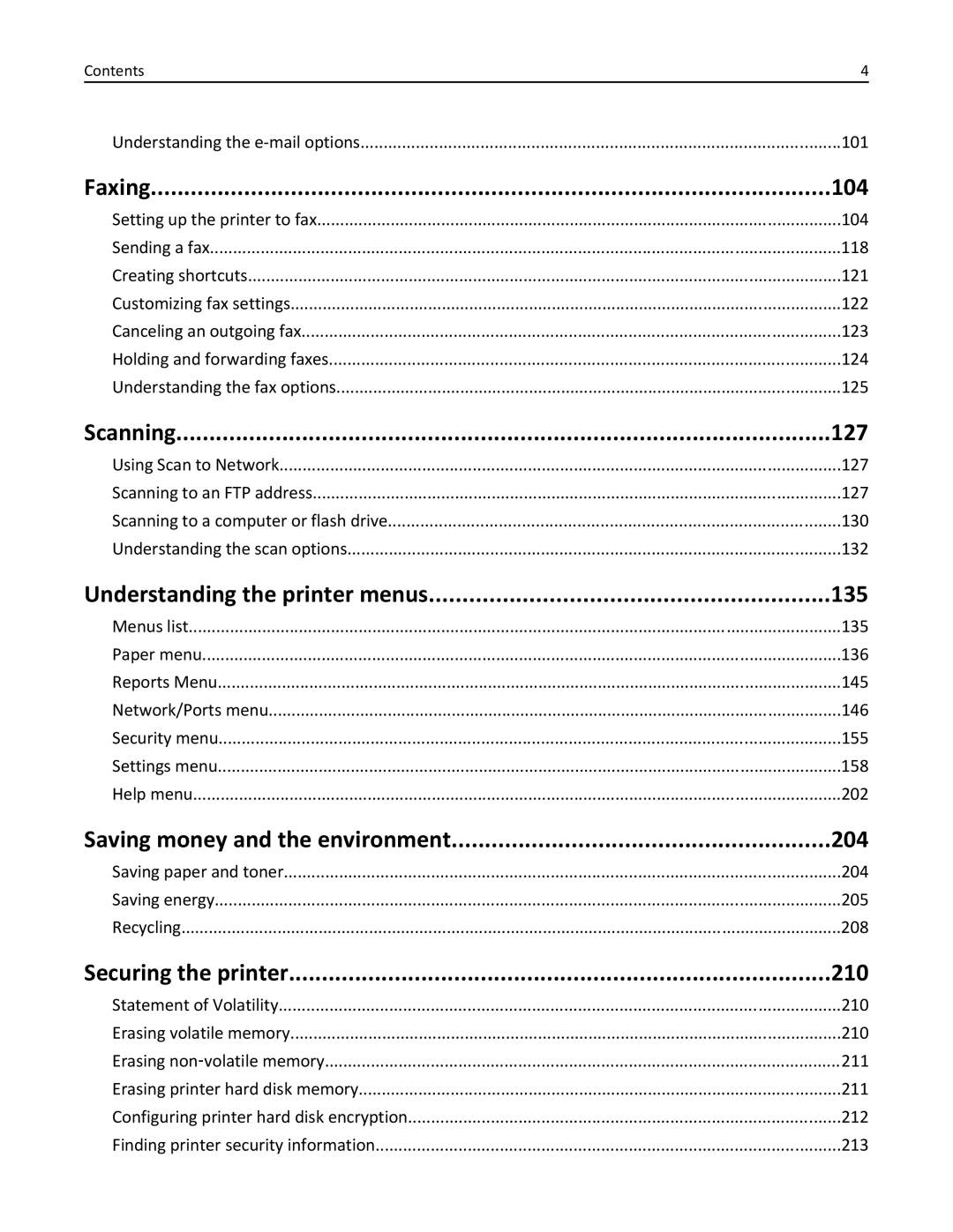 Lexmark XM1100 Series Faxing 104, Scanning 127, Understanding the printer menus 135, Saving money and the environment 204 